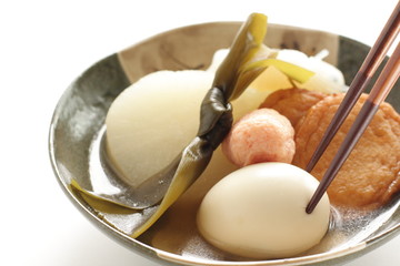 Japanese winter food, fish cake and hard boiled egg Oden 