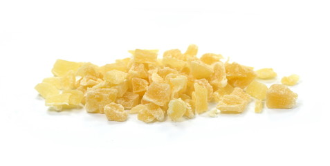 Dried dehydrated pineapple. Candied pineapple fruit isolated on white.