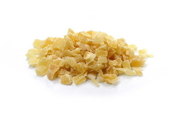 Dried dehydrated pineapple. Candied pineapple fruit isolated on white.