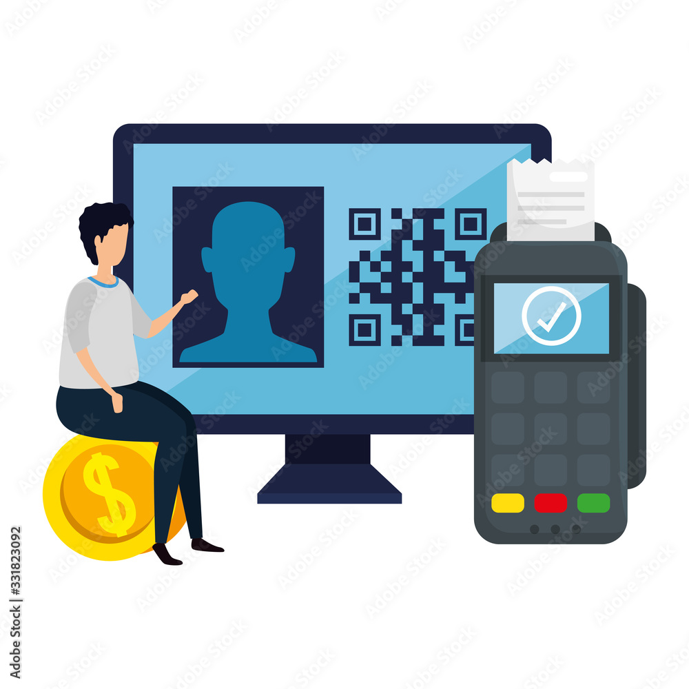 Poster man and devices electronic with code qr vector illustration design