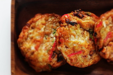 Japanese food, vegetable fish cake on wooden plate