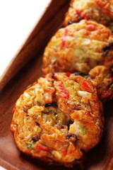 Japanese food, vegetable fish cake on wooden plate