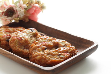 Japanese food, vegetable fish cake on wooden plate