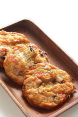 Japanese food, vegetable fish cake on wooden plate