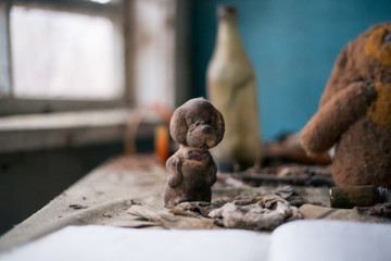Soft toy doll in an abandoned school in Pripyat in Chernobyl