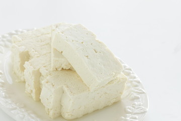 Chinese food, chopped tofu on dish for cooking image