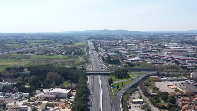 Empty roads freeway with no traffic aerial shot confinement quarantine restriction France