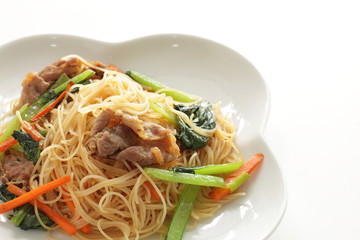 Chinese food, Pork and green leaf vegetable fried noodles