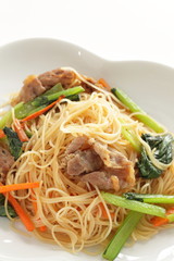 Chinese food, Pork and green leaf vegetable fried noodles