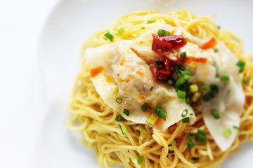 Chinese food, jiozi dumpling and noodles with chili sauce 