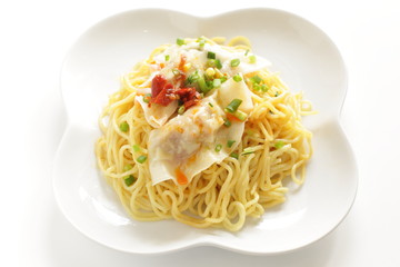 Chinese food, jiozi dumpling and noodles with chili sauce 