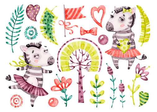 Baby cute zebra girl. Vector Watercolor nursery cartoon jungle animals horse, tropical trees, leaves. Adorable Nurseries safari set isolated on white background. Hand painted watercolour baby clip art