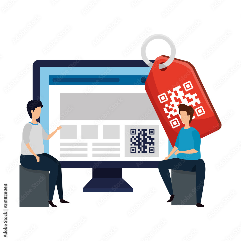 Poster men with qr code and computer vector illustration design
