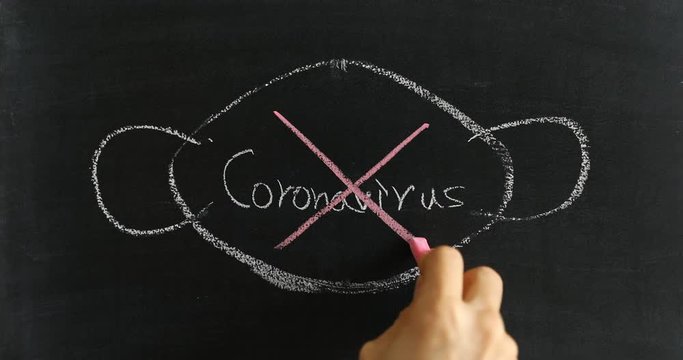 Drawing a X on "Coronavirus" in the middle of face mask image on blackboard