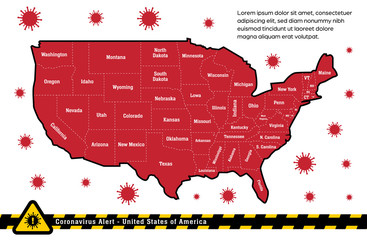 Fototapeta na wymiar USA united states america corona alert warning map with political region border vector illustration