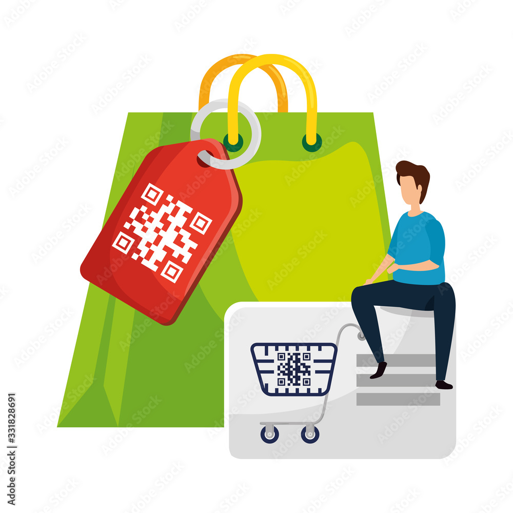 Poster man and qr code with shopping icons vector illustration design