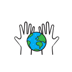 hand drawn palm hand and earth symbol for save earth illustration doodle style