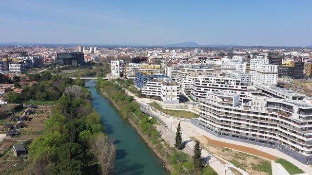 Port Marianne Montpellier sunny day rives du Lez new neighborhood aerial sunny day France 