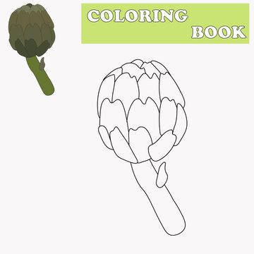 Coloring book or page cartoon of  artichoke for kids. Cute colorful veggies as an example for coloring book. Practice worksheet for preschool and kindergarten. Vector illustration