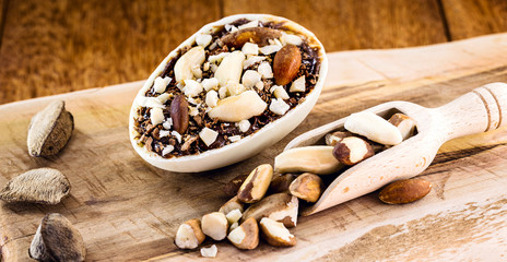 exotic vegan easter egg with chocolate and brazil nuts, without sugar. Vegan Easter 2020.