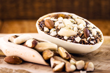 exotic vegan easter egg with chocolate and brazil nuts, without sugar. Vegan Easter 2020.