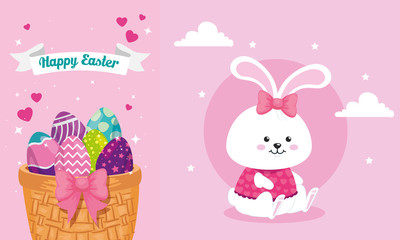 set cards of happy easter with decoration vector illustration design
