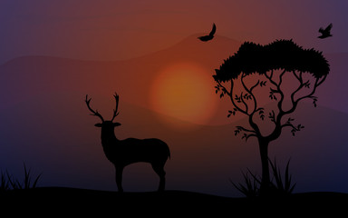 Silhouette of a deer in near a tree at sunset. Beautiful landscape with birds.