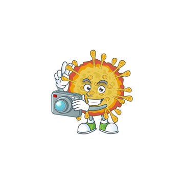 Outbreaks coronavirus mascot design as a professional photographer with a camera