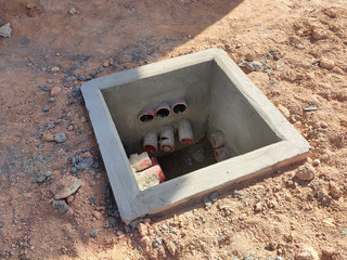 Utility services manhole under construction at the construction site. In-situ construction by...
