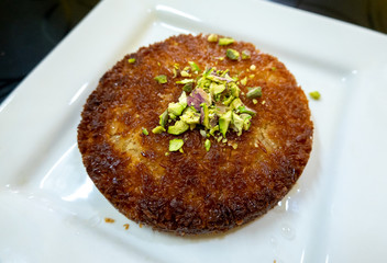 Middle Eastern Kunafeh Dessert on White Plate