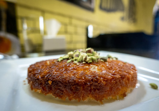 Middle Eastern Kunafeh Dessert on White Plate