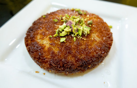 Middle Eastern Kunafeh Dessert on White Plate