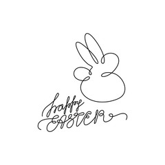 Happy Easter logotype. Lettering Happy Easter with rabbit ears for greeting card, invitation template.  Continuous line drawing, hand lettering, print for clothes, isolated vector.