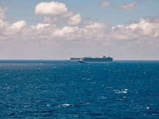 Bimini, Bahamas - March 19, 2020: cruise ships on quarantine at the ocean at sunny weather