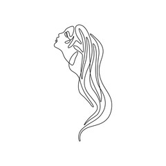 Abstract female silhouette, profile of a girl with long hair, continuous line drawing, print for clothes and logo design, small tattoo, emblem or logo design, isolated vector illustration.