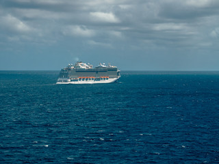 Bimini, Bahamas - March 19, 2020: cruise ships on quarantine at the ocean at sunny weather