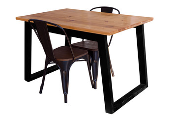 Modern wooden table with steel legs and chair isolated