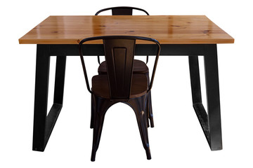 Modern wooden table with steel legs and chair isolated