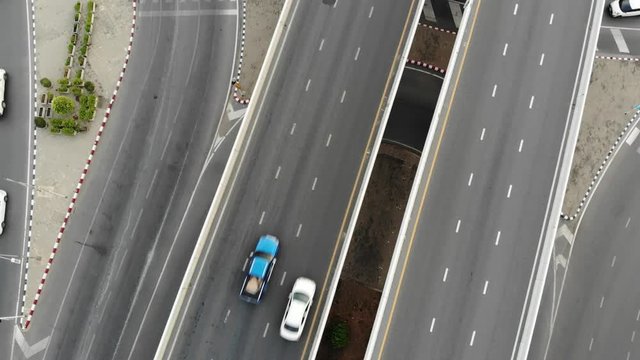 Aerial view city transport junction croos road with car movement day time
