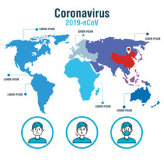 Plakat covid 19 infographic with world map and doctors vector illustration design