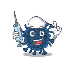 Friendly nurse of decacovirus mascot design holding syringe