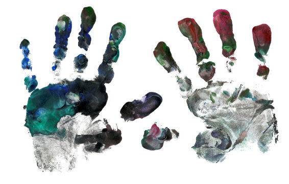 Handprint in paint. Kids hand silhouette in different colors, paint texture. Raster Template. hands stained in engine oil as a symbol of planet pollution