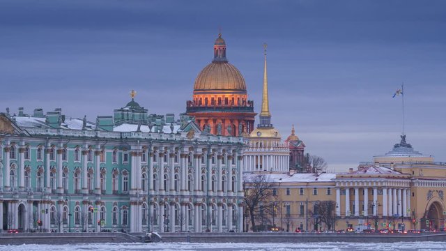 4k, Timelapse, view on Palace embankment, Hermitage museum, Admiralty and Isaac's cathedral, Saint-Petersburg, Russia