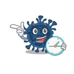 Cheerful decacovirus cartoon character style with clock