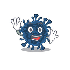 Smiley decacovirus cartoon mascot design with waving hand