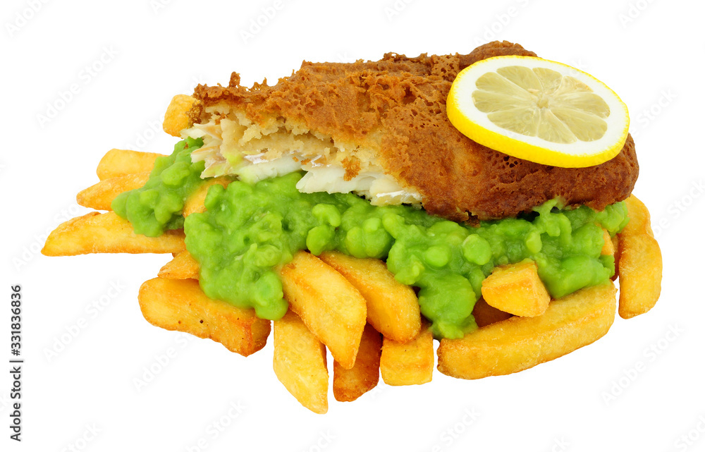 Wall mural Beer battered fish and chips meal with mushy peas isolated on a white background