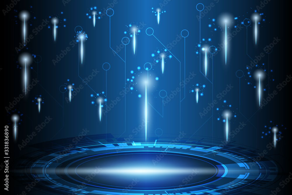 Poster abstract technology background with orange and blue sparkle effect, light beam and circuit pattern b