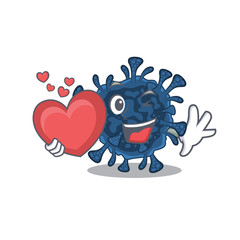 A romantic cartoon design of decacovirus holding heart