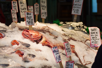 Pike Place Market Fish on ice in Seattle, WA, USA