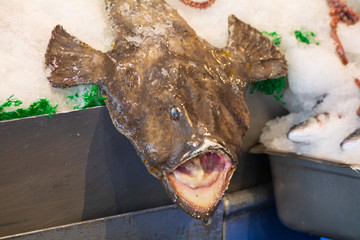Angler fish for sale at Pike Place Fish Market in Seattle, WA, USA
